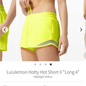Lululemon Hotty Hot Short II *Long 4" Highlight Yellow low rise NWT size 6